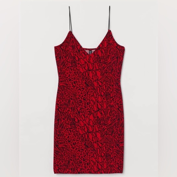 H&M Divided Red Animal Print Bodycon Slip Dress - Picture 1 of 5